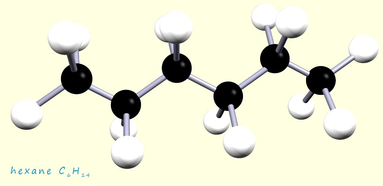 A 3d model of showing the structure of hexane.